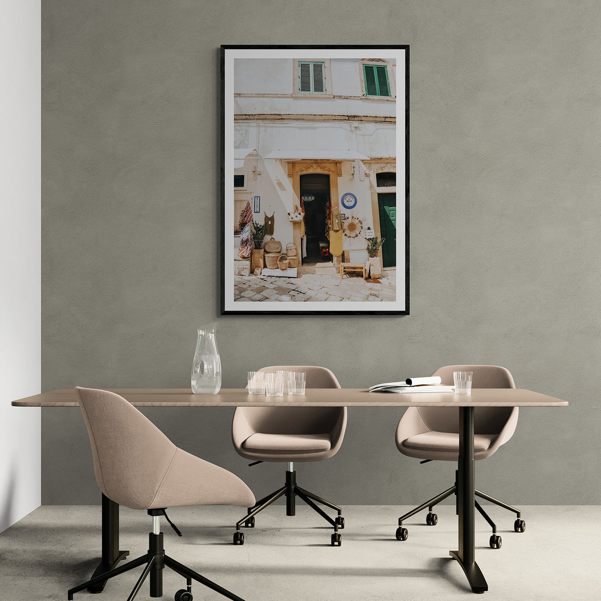 Artisan Ambience Puglia Italian wall art black framed print styled in a room