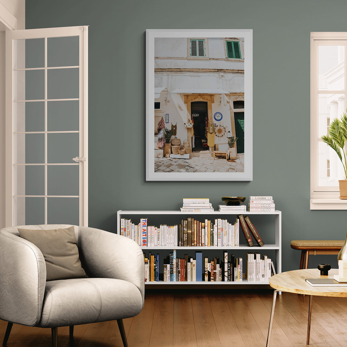 Artisan Ambience Puglia Italian wall art white framed print styled in a room