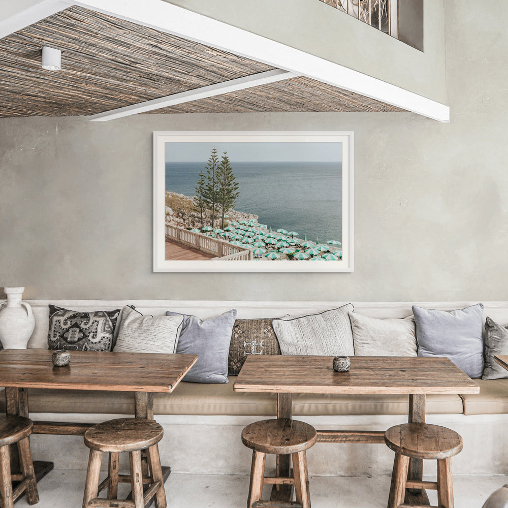 Azure Horizon Puglia beach coastal wall art white framed print styled in a room