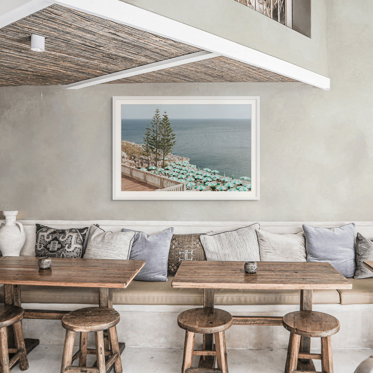Azure Horizon Puglia beach coastal wall art white framed print styled in a room