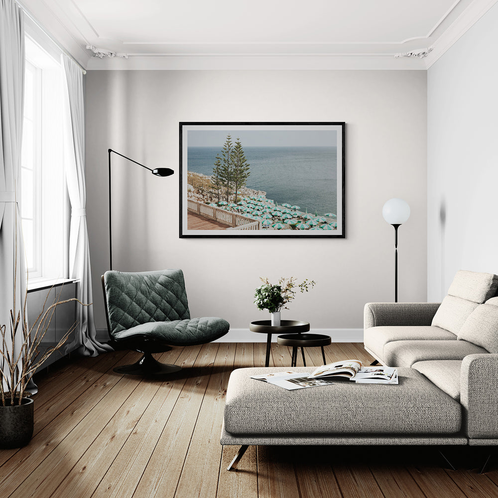 Azure Horizon Puglia beach coastal wall art black framed print styled in a room