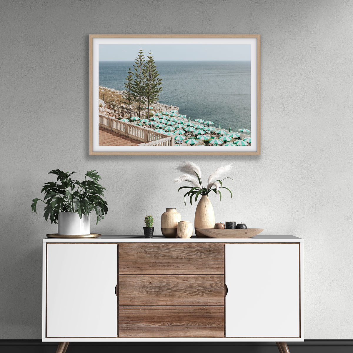 Azure Horizon Puglia beach coastal wall art natural oak framed print styled in a room