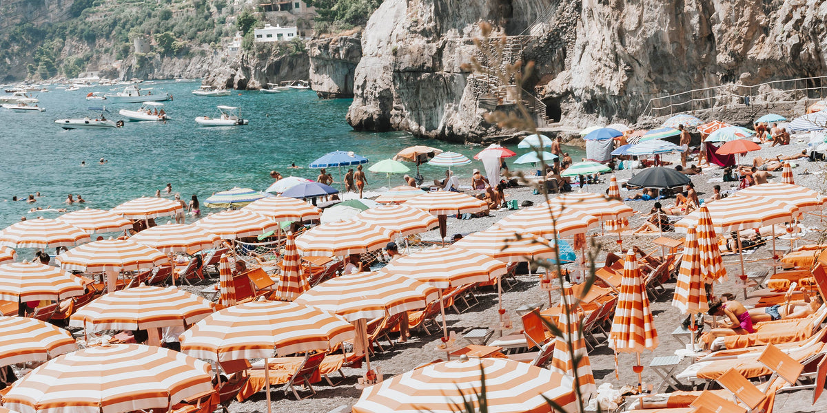 European Beach Clubs wall art collection: fine art photography of striped umbrellas, beach clubs and sun loungers on the Italian and Greek coast by Amichi Co