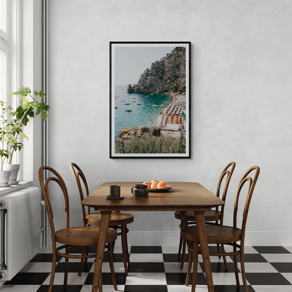 Baia dei Sogni Positano wall art black framed print styled in a room