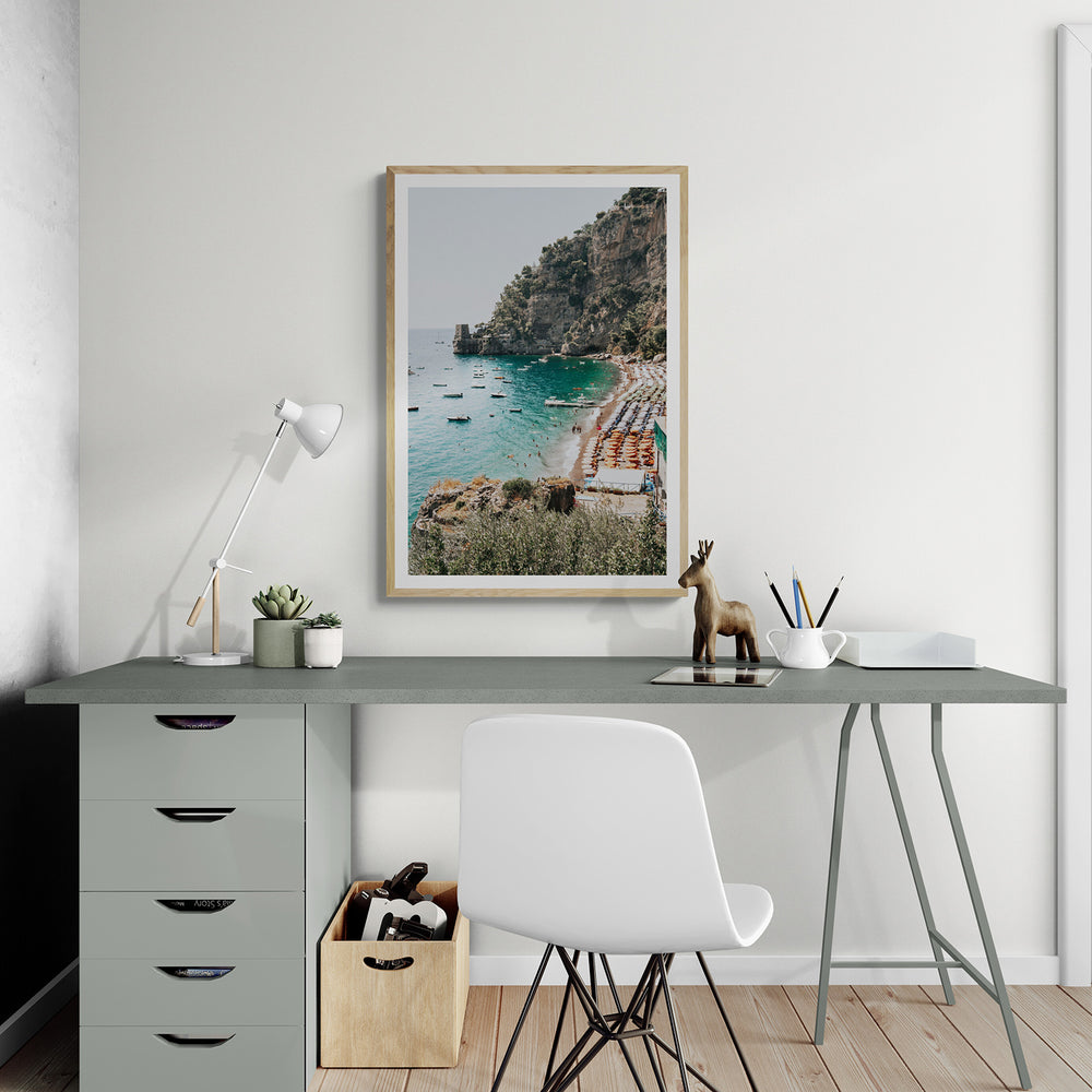 Baia dei Sogni Positano wall art natural oak framed print styled in a room