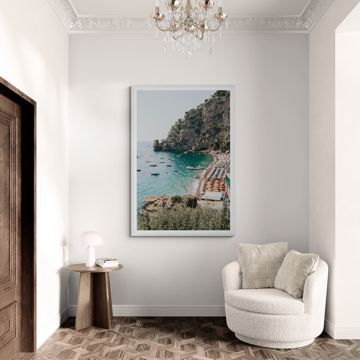 Baia dei Sogni Positano wall art white framed print styled in a room