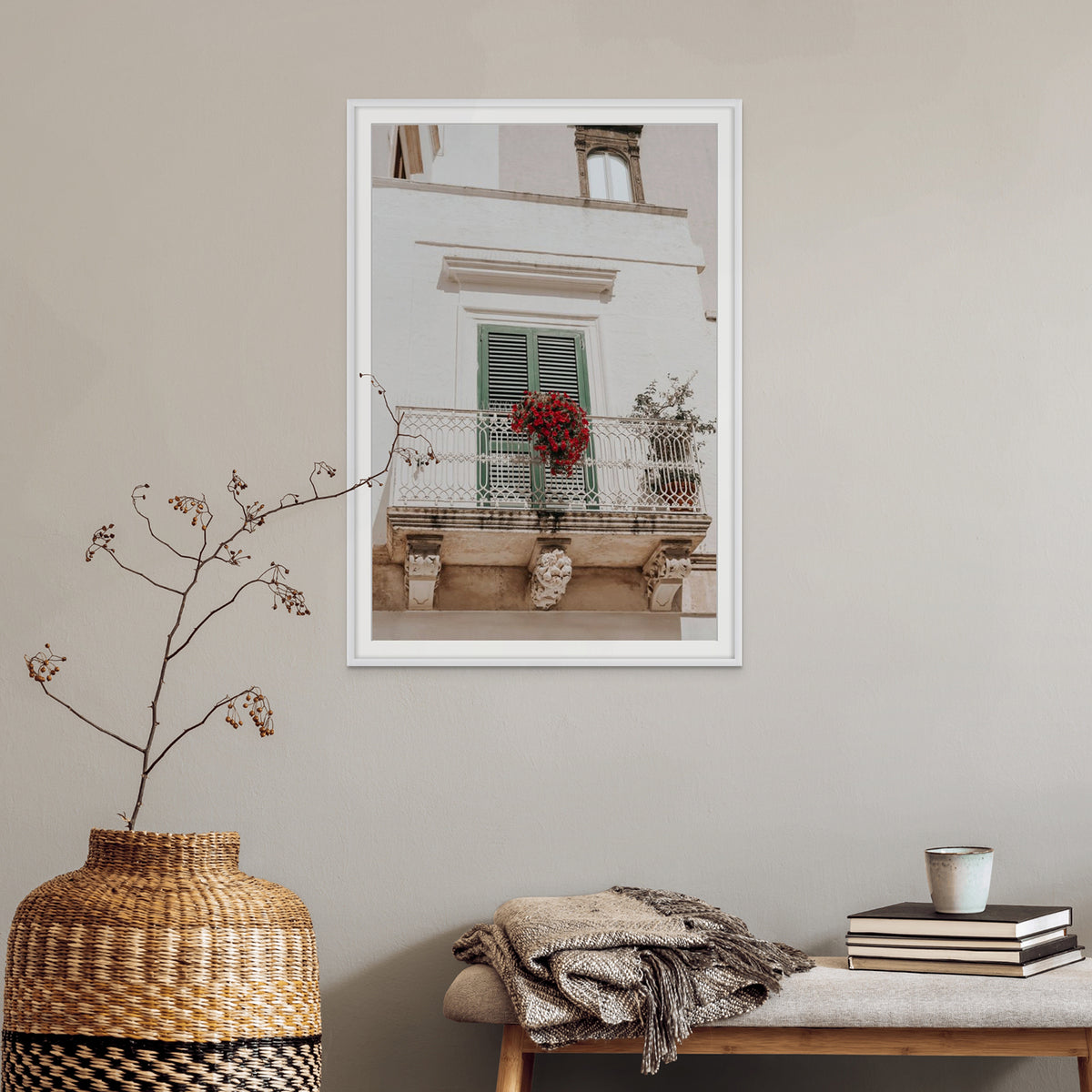 Balcone Estivo Puglia Italian wall art white framed print styled in a room