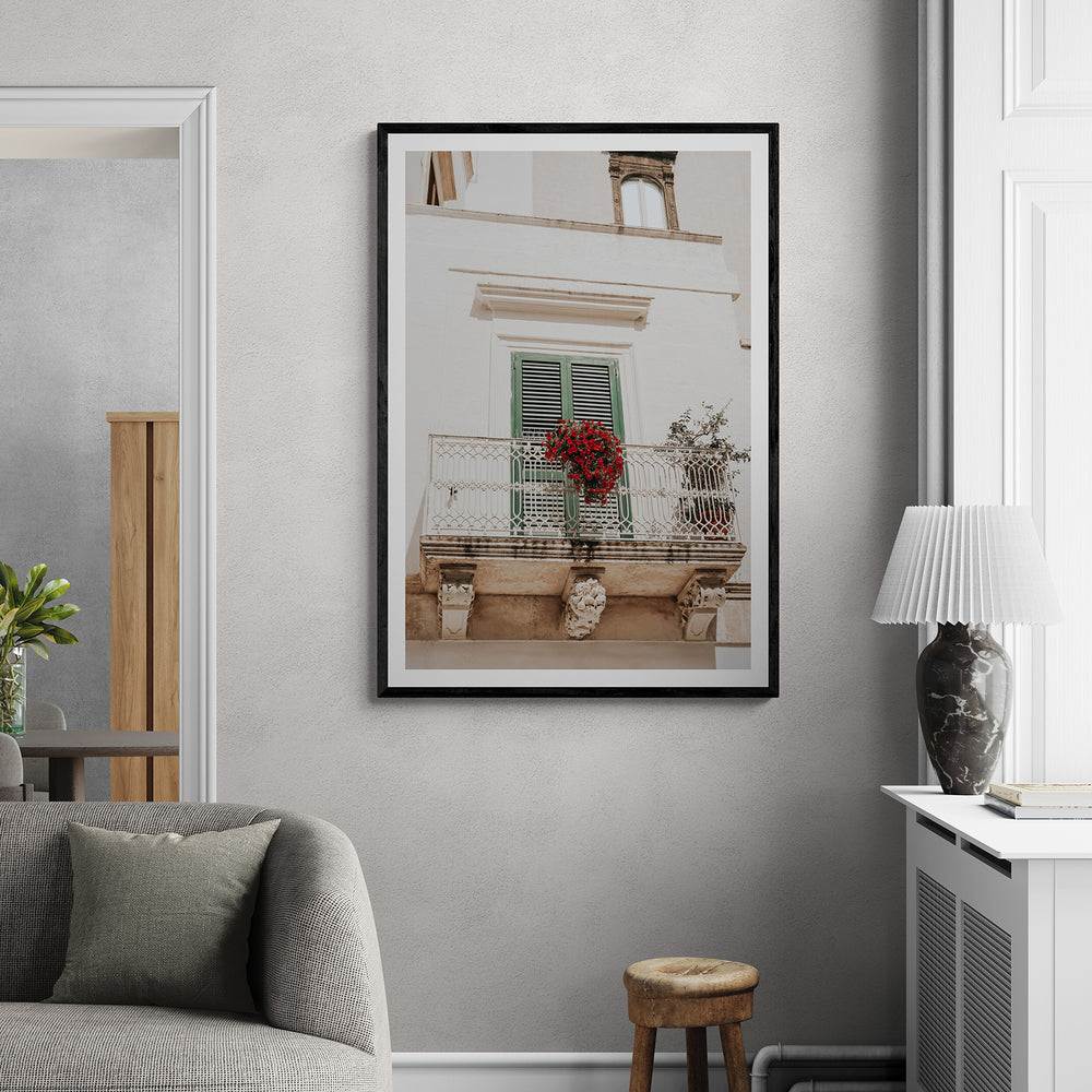 Balcone Estivo Puglia Italian wall art black framed print styled in a room