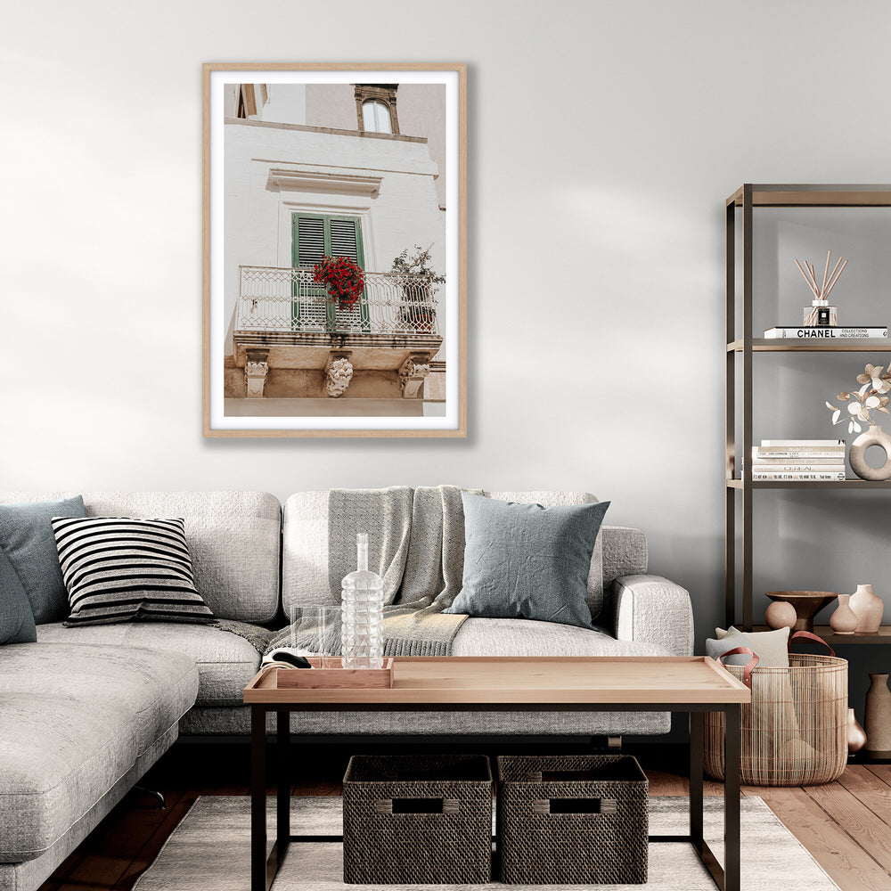 Balcone Estivo Puglia Italian wall art natural oak framed print styled in a room