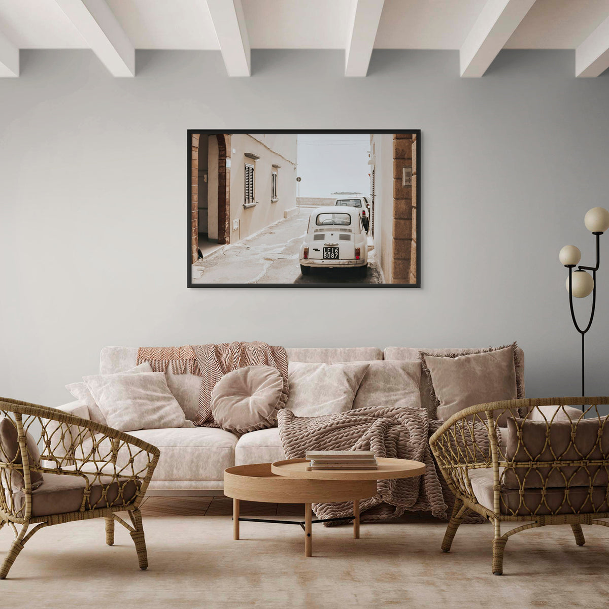 Bambini Lane Puglia Italian wall art black framed print styled in a room