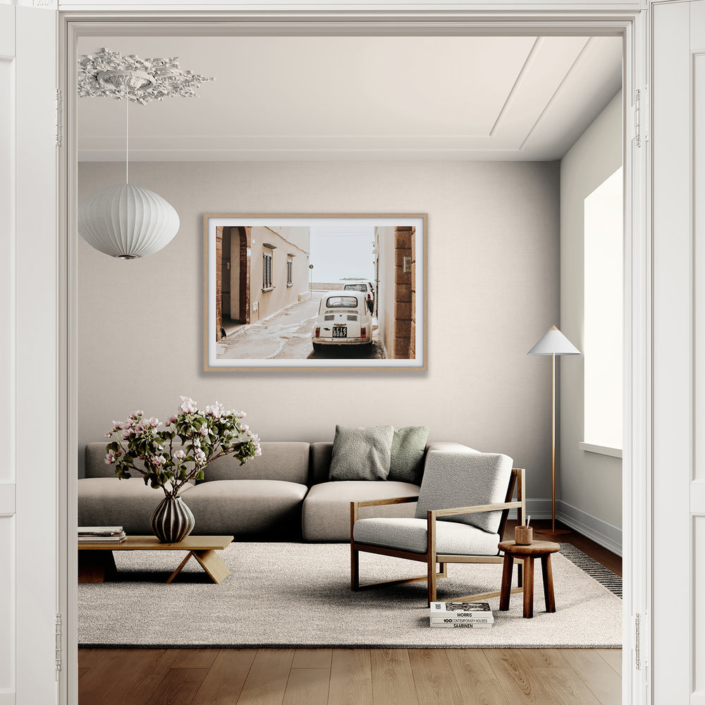 Bambini Lane Puglia Italian wall art natural oak framed print styled in a room