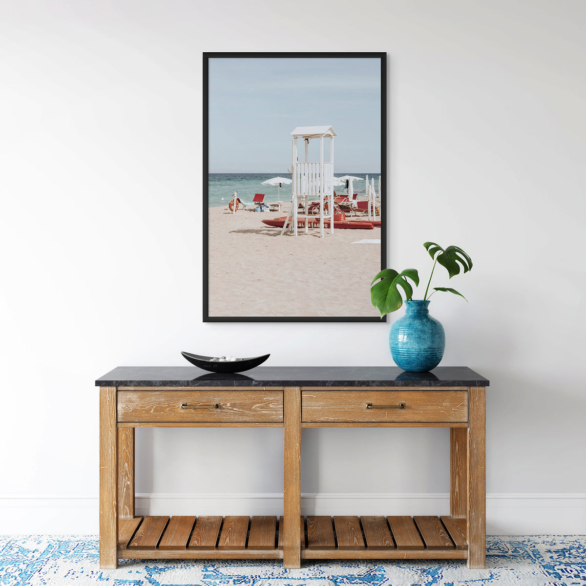 Barefoot Bliss Puglia beach Italian coastal decor wall art black framed print styled in a room