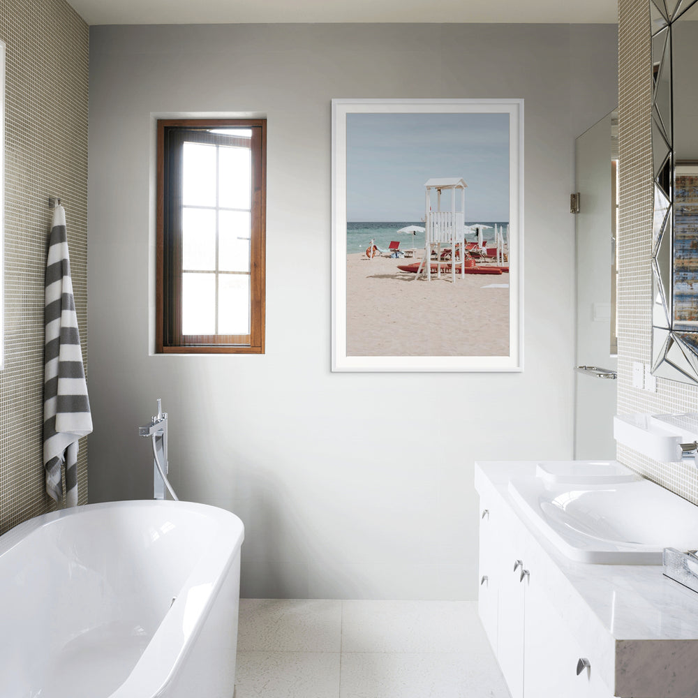 Barefoot Bliss Puglia beach Italian coastal decor wall art white framed print styled in a room