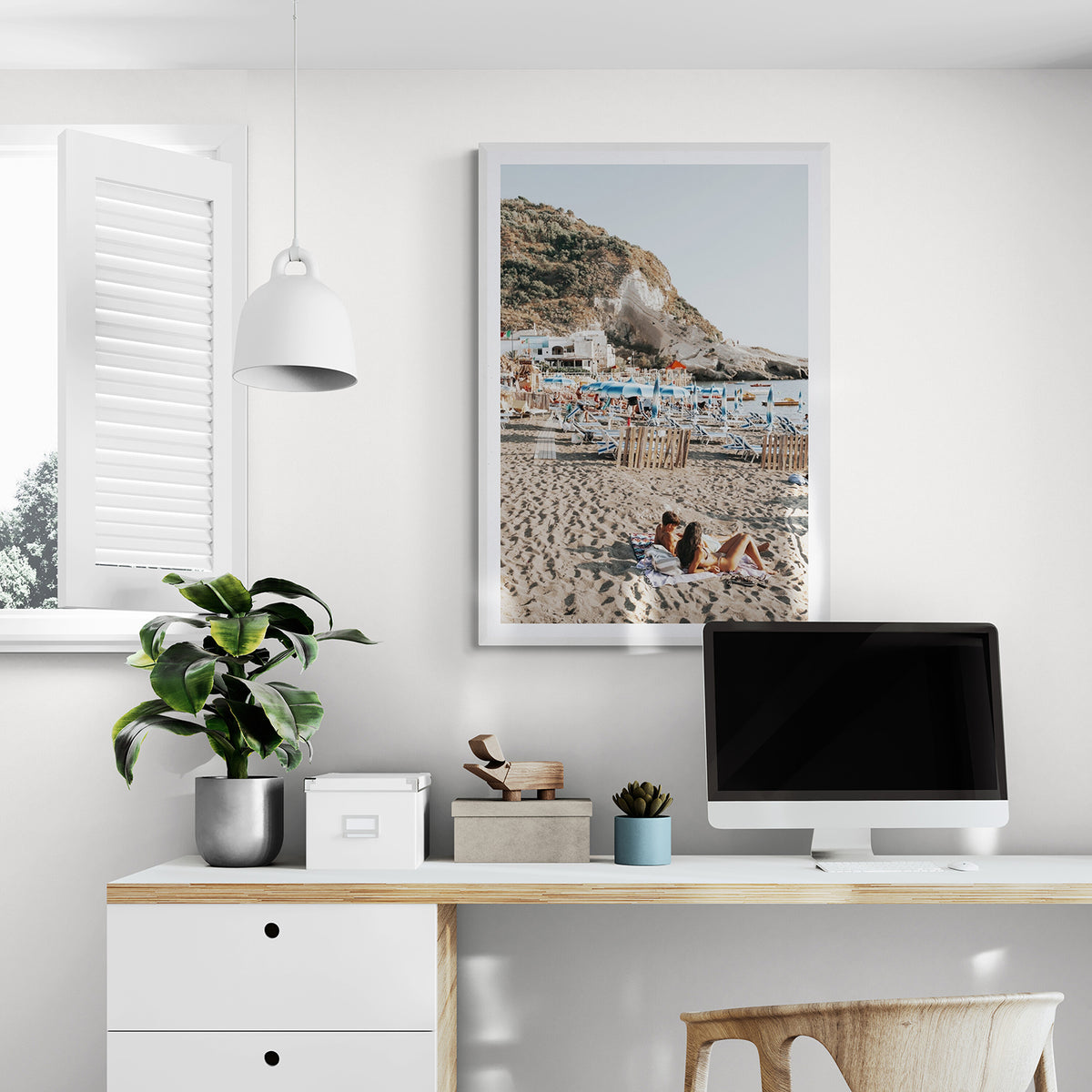 Beach Buddies framed wall art print styled in a home office interior