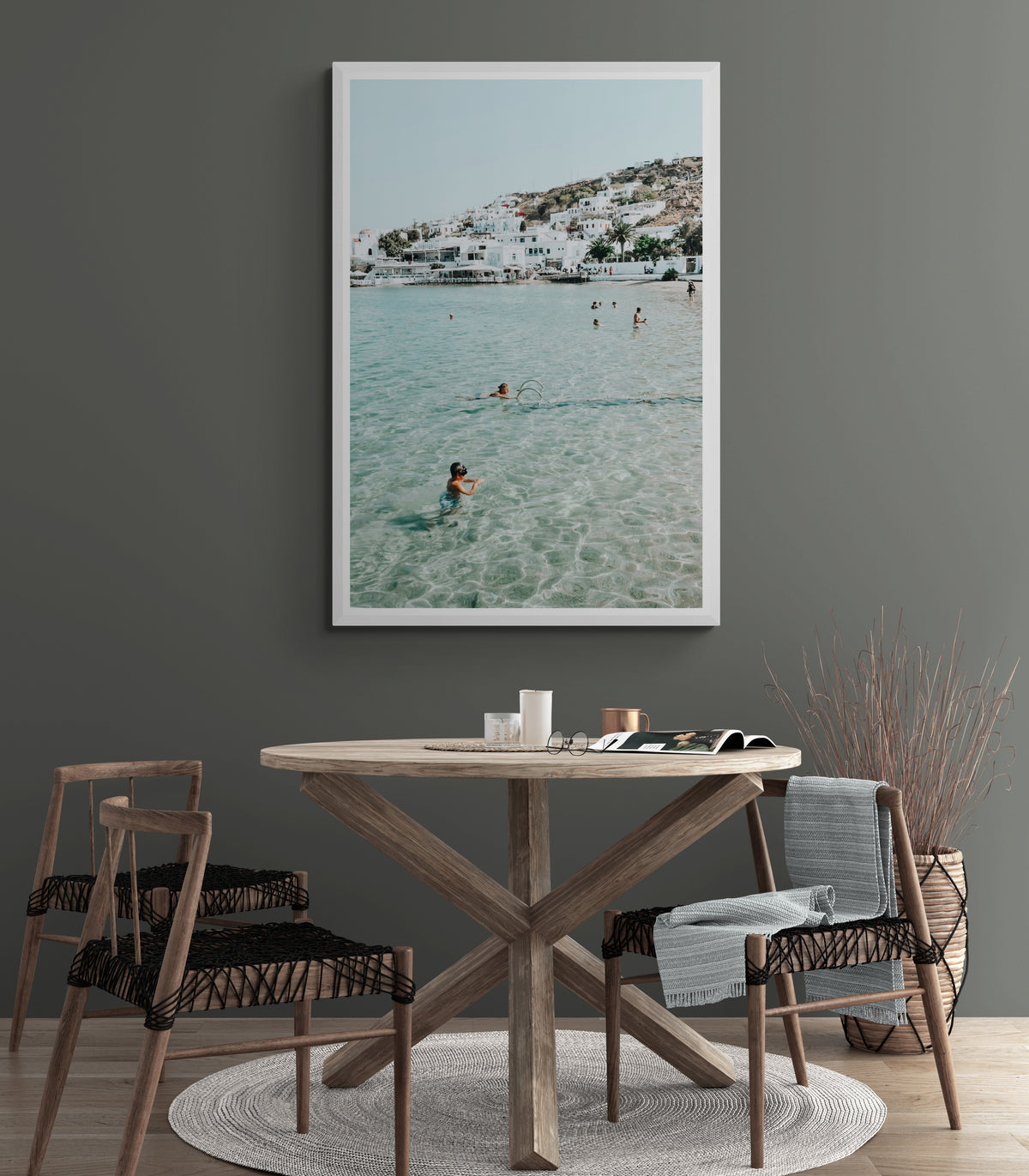 Beside The Seaside Mykonos beach Greek island wall art white framed print styled in a room