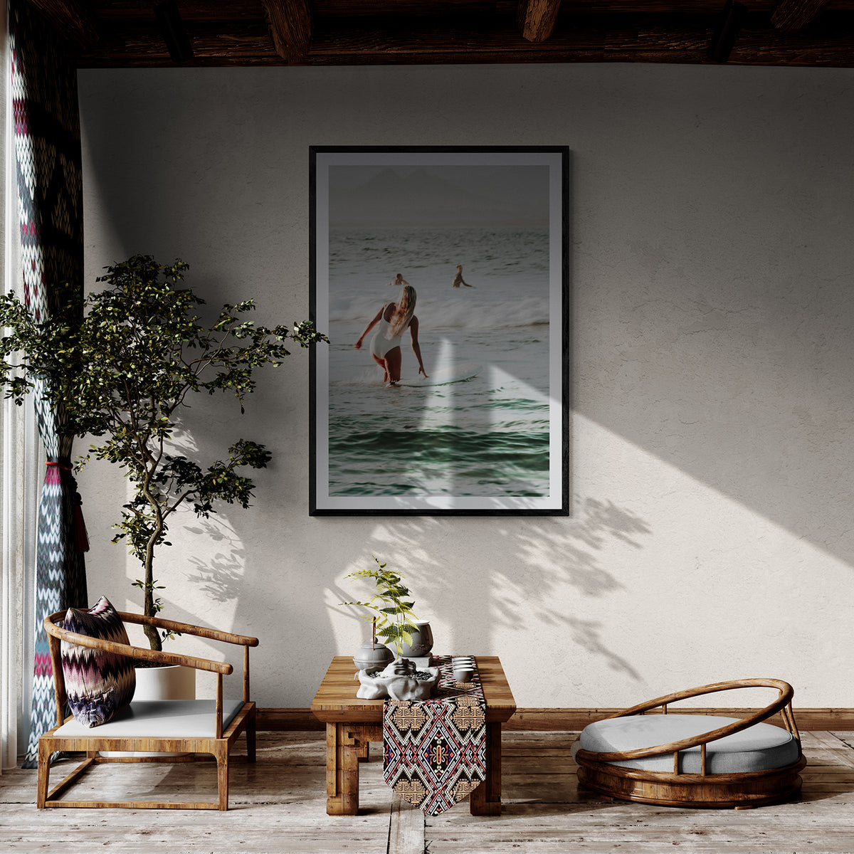 Blondie Byron Bay Surf coastal decor wall art black framed print styled in a room