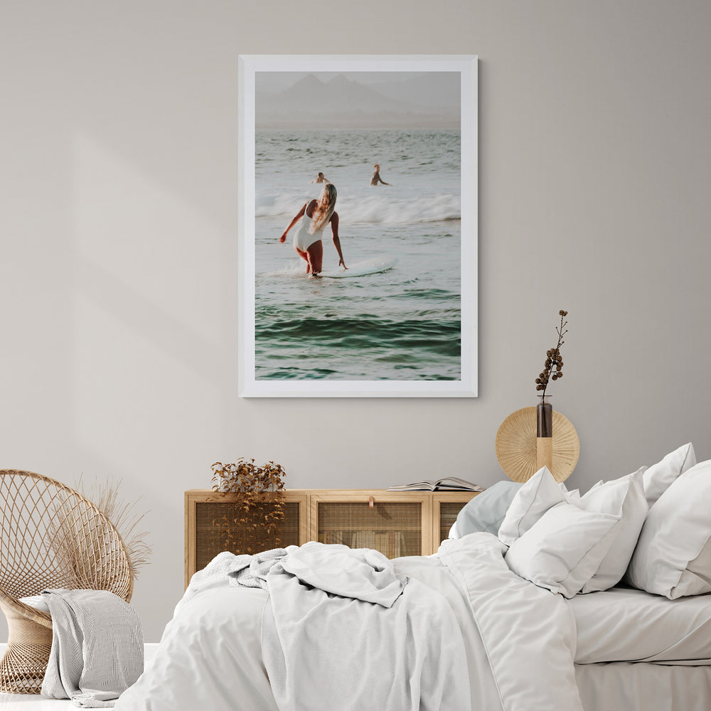 Blondie Byron Bay Surf coastal decor wall art white framed print styled in a room view 2