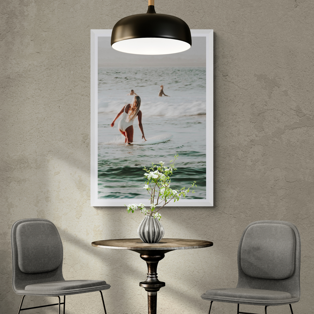 Blondie Byron Bay Surf coastal decor wall art white framed print styled in a room