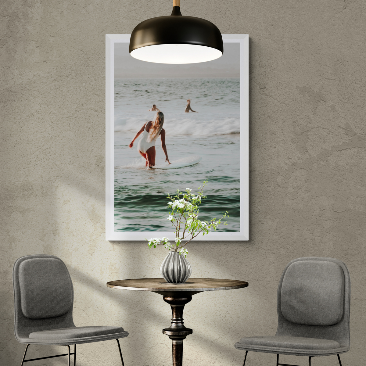 Blondie Byron Bay Surf coastal decor wall art white framed print styled in a room