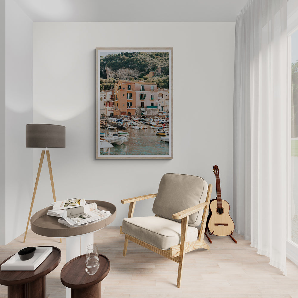 Boatyard Bliss Sorrento coastal Italian wall art natural oak framed print styled in a room