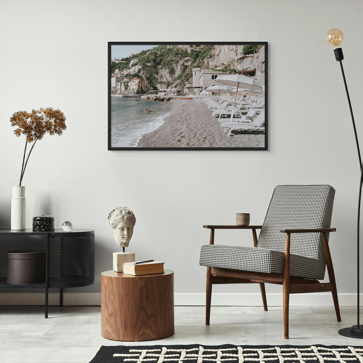 Borgo Santandrea Amalfi Coast wall art black framed print styled in a room