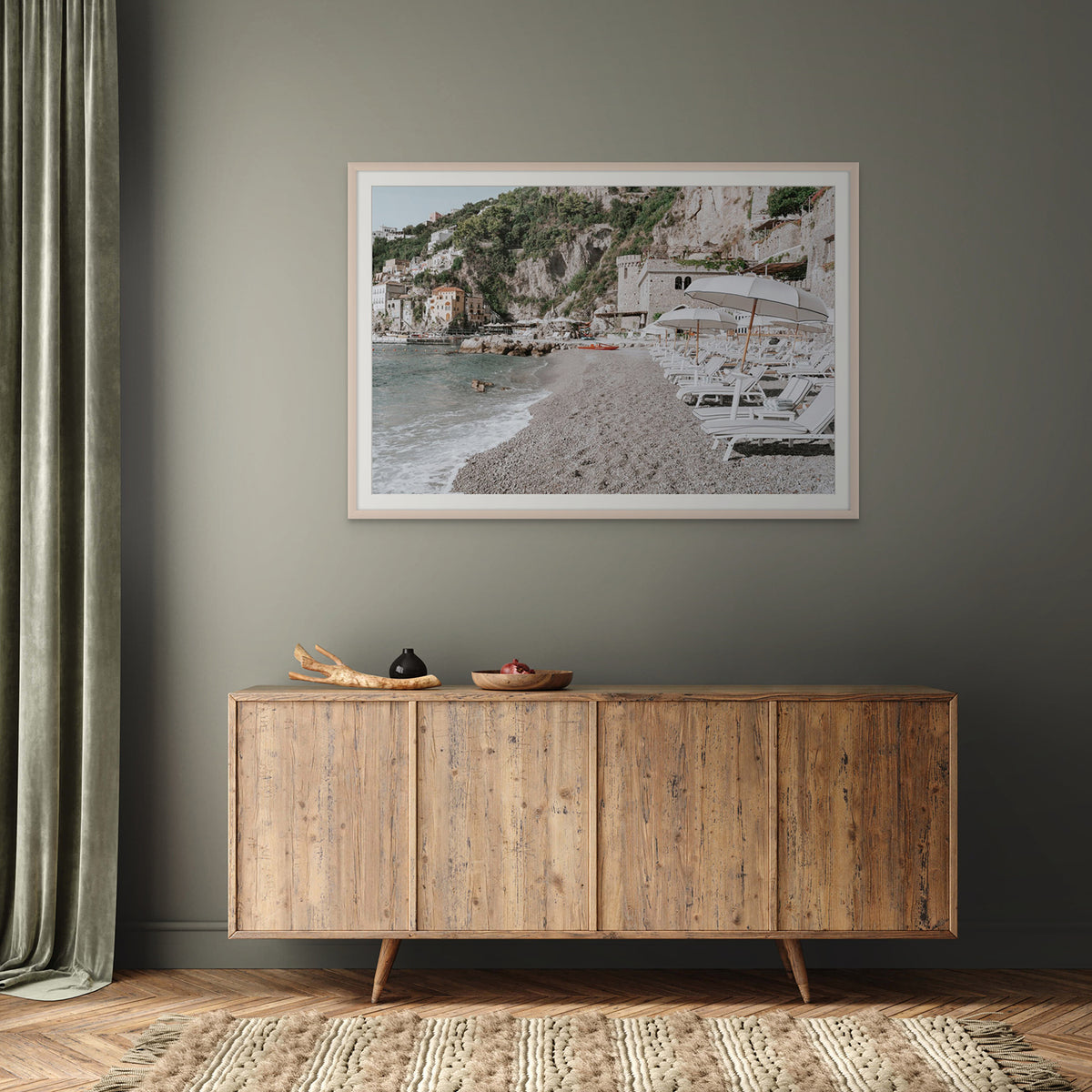 Borgo Santandrea Amalfi Coast wall art natural oak framed print styled in a room