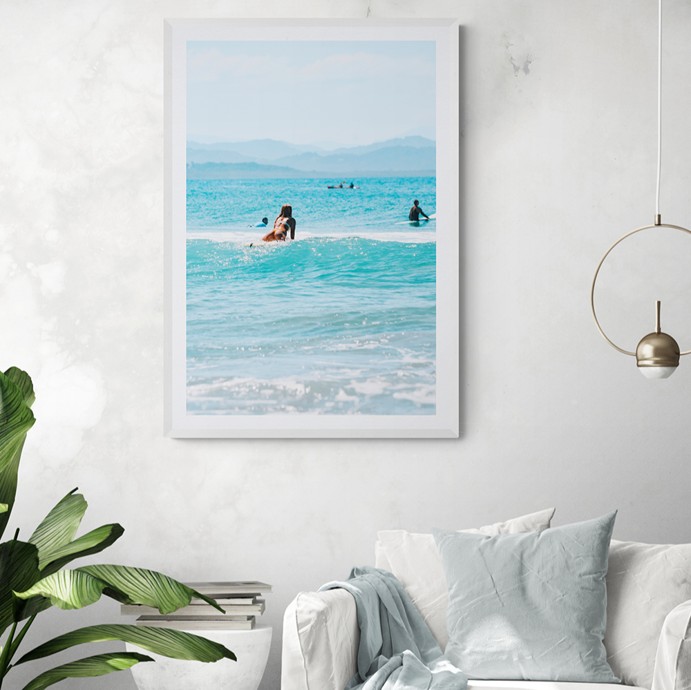 Tatiana Byron Bay Surf coastal photography wall art white framed print styled in a lounge