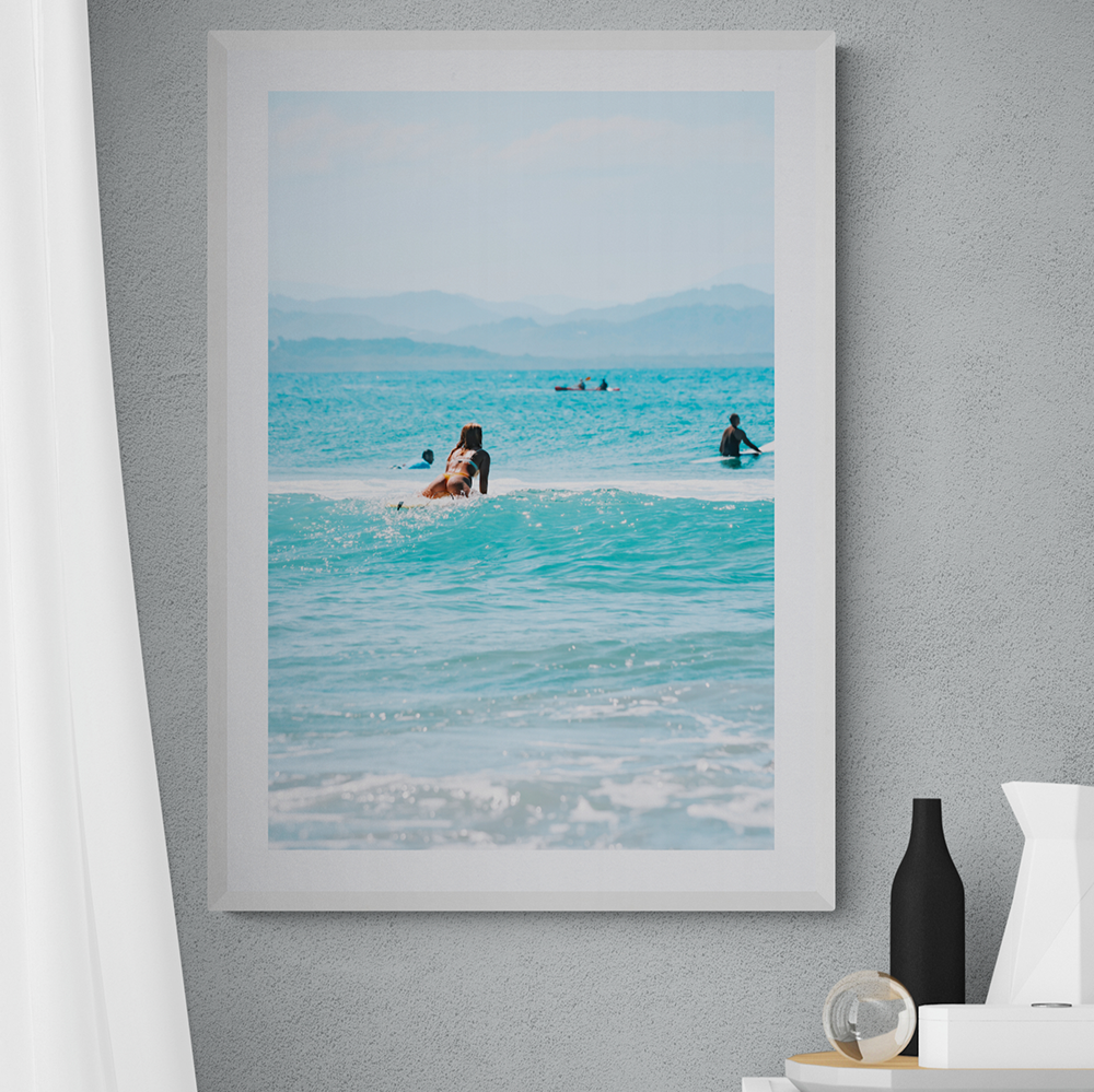 Tatiana Byron Bay Surf coastal photography wall art white framed print styled in a room