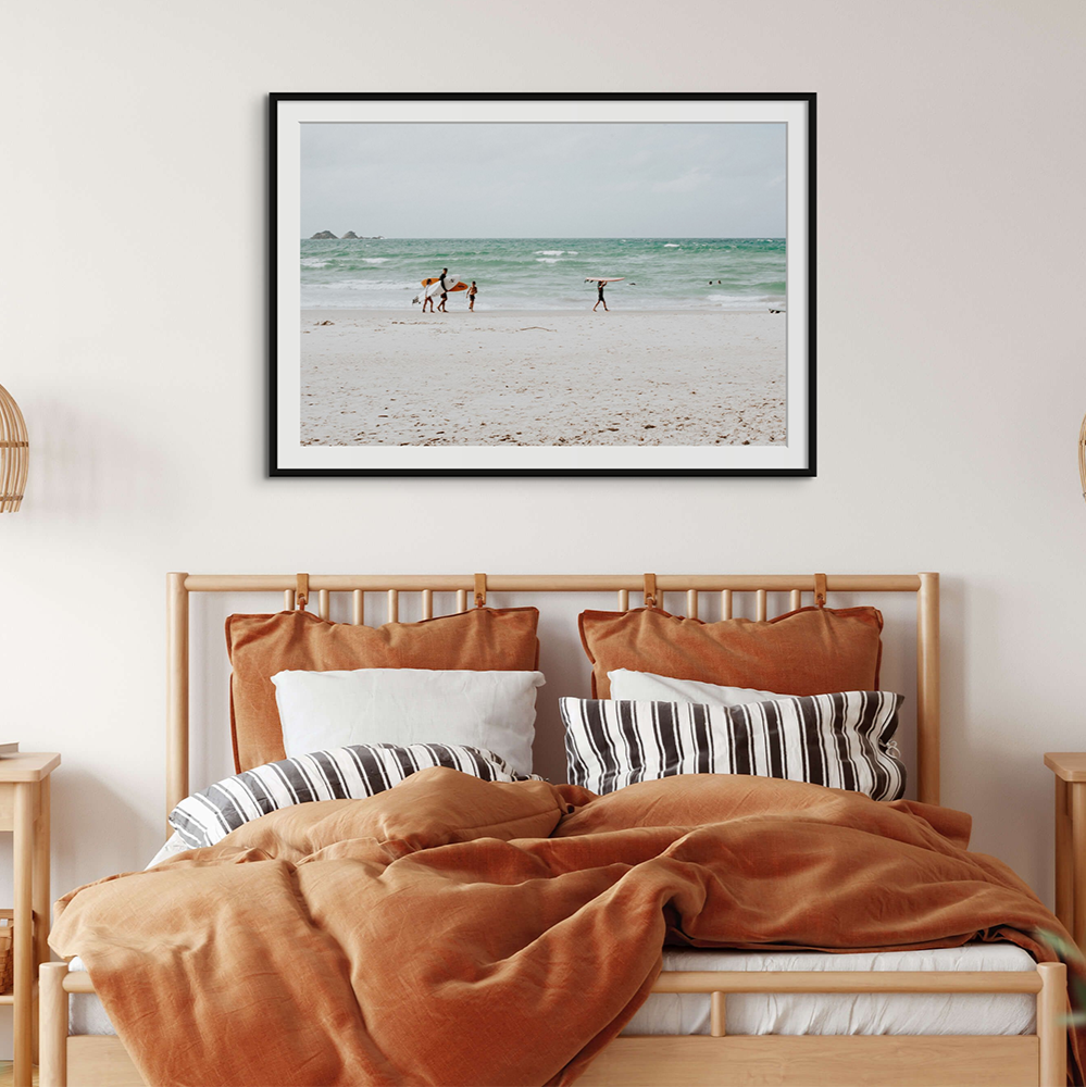 La Famiglia Byron Bay Family Surf coastal wall art black framed print styled in a room