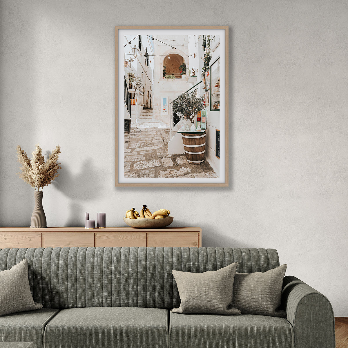 Olive Tree Lane Puglia Ostuni Mediterranean decor wall art natural oak framed print styled in a room