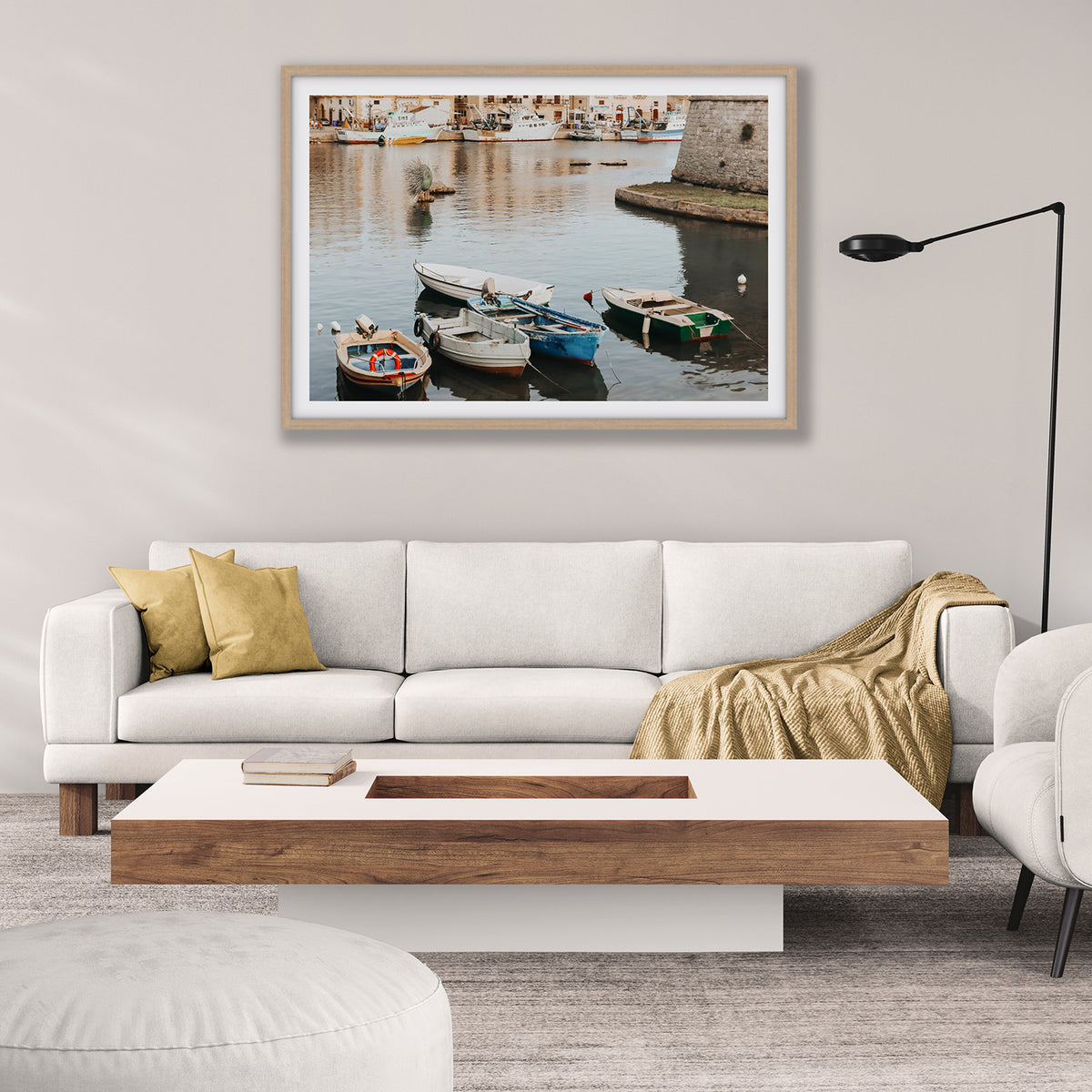 Cinque Barche Puglia Gallipoli Italian art print natural oak framed print styled in a room