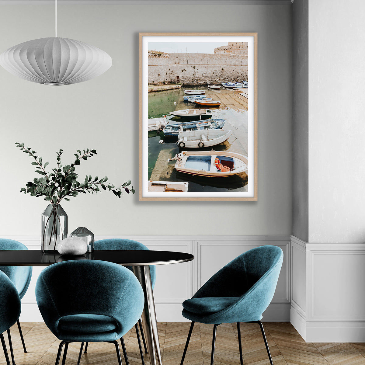 Harbour Palette Puglia coastal photography wall art natural oak framed print styled in a room