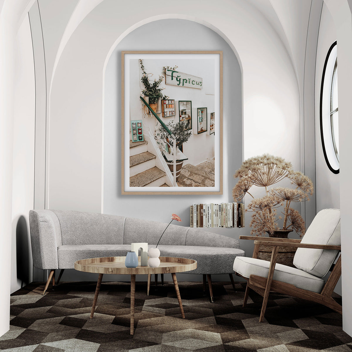 Il Negozio Puglia Ostuni wall art natural oak framed print styled in a room