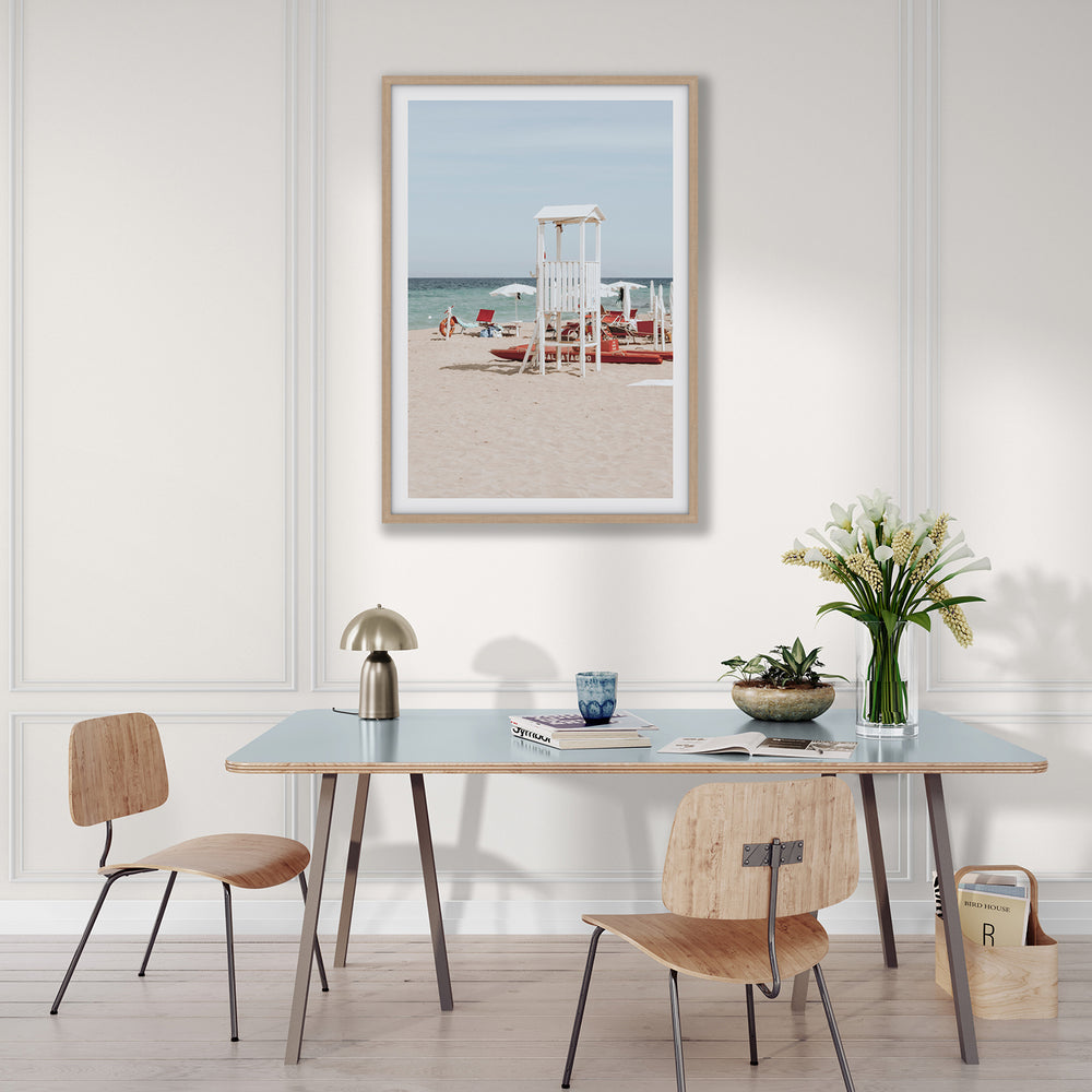 Barefoot Bliss Puglia beach Italian coastal decor wall art natural oak framed print styled in a room