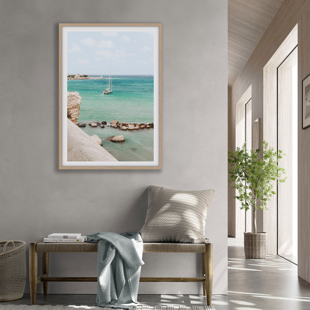 Seafarer's Dream Puglia Seafarer’s Dream coastal wall art natural oak framed print styled in a room