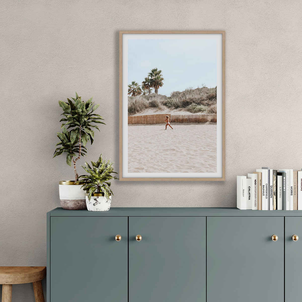 Joyful Sprint Puglia beach coastal fine art print natural oak framed print styled in a room