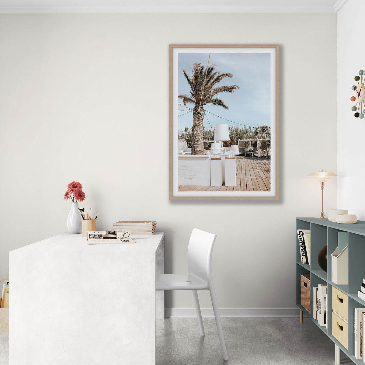 Seabreeze Palm Puglia coastal beach wall art natural oak framed print styled in a room