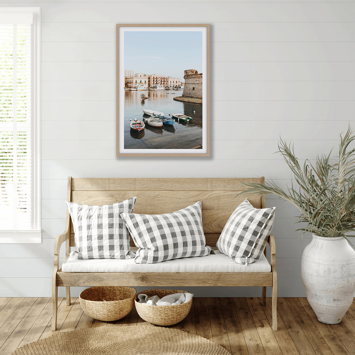 Gallipoli Harbour Puglia coastal wall art natural oak framed print styled in a room