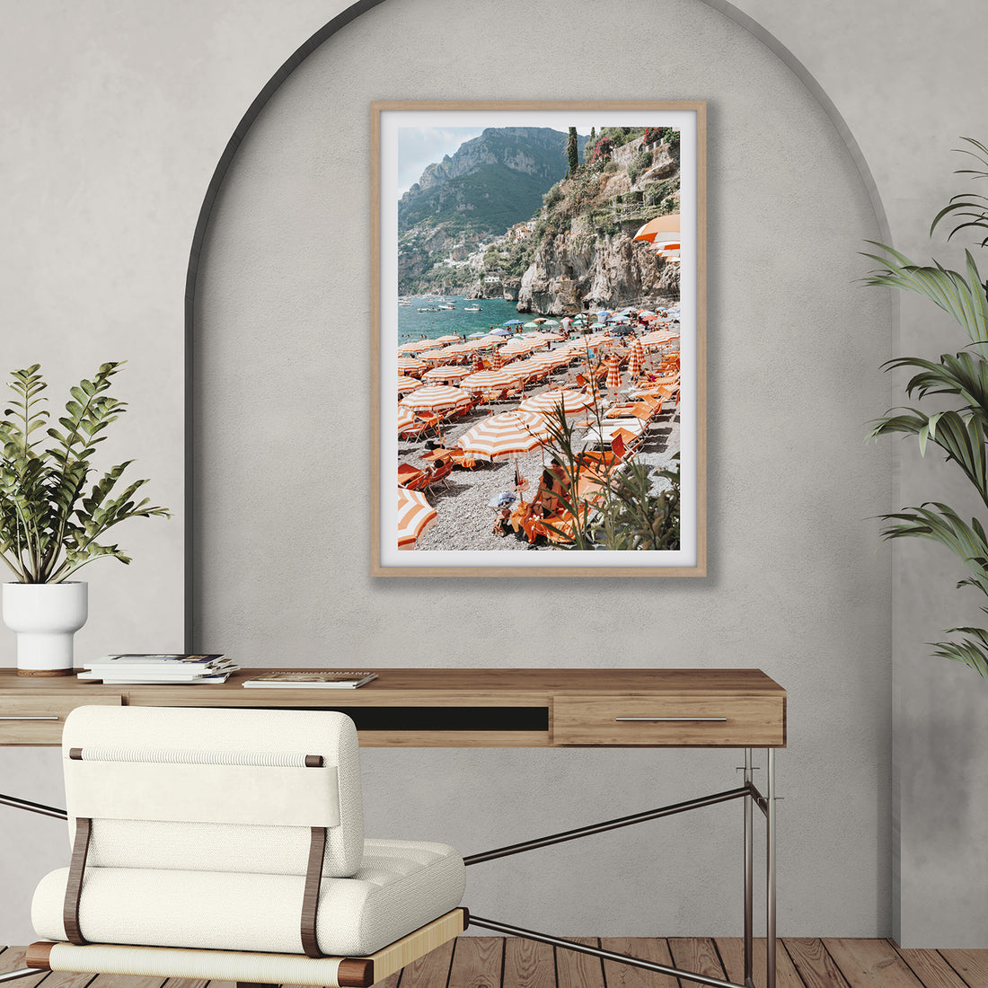 Bagni d'Arienzo Positano decor wall art natural oak framed print styled in a room