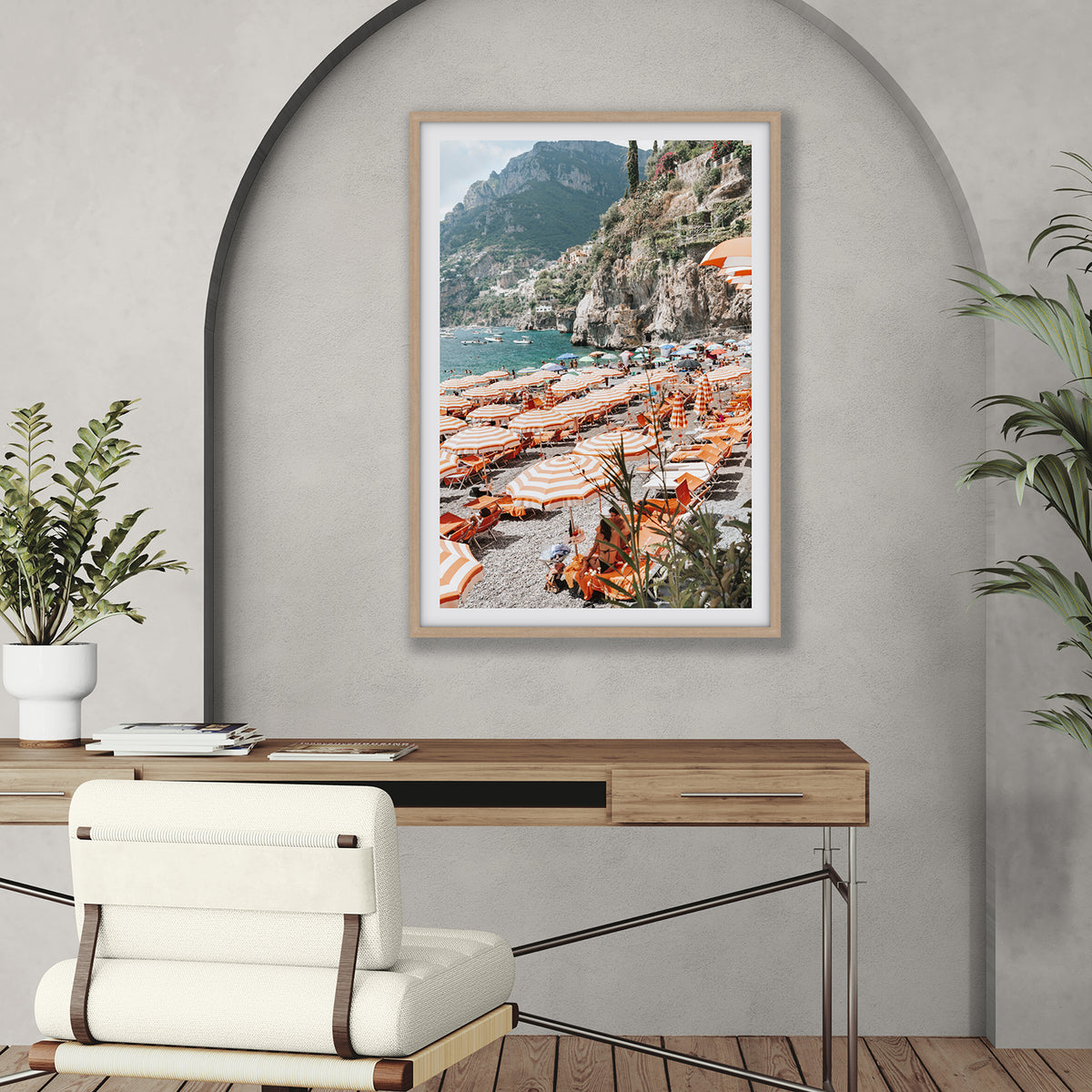 Bagni d'Arienzo Positano decor wall art natural oak framed print styled in a room