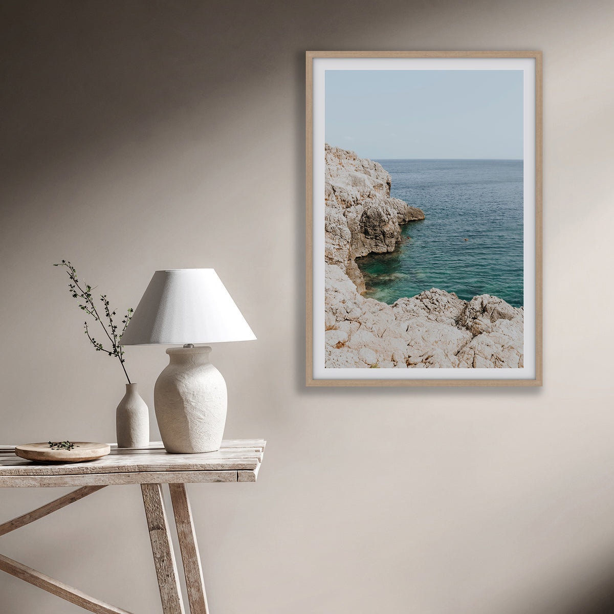 Healing Immersion Puglia Wall Mediterranean fine art print natural oak framed print styled in a room