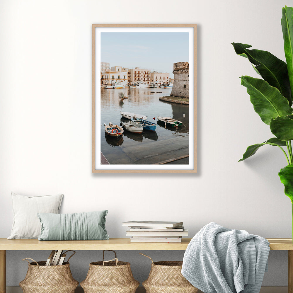 Fishing Legacy Puglia Gallipoli coastal decor wall art natural oak framed print styled in a room
