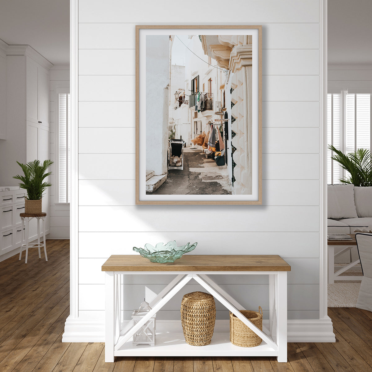 Hanging Harmony Puglia Italian wall art natural oak framed print styled in a room