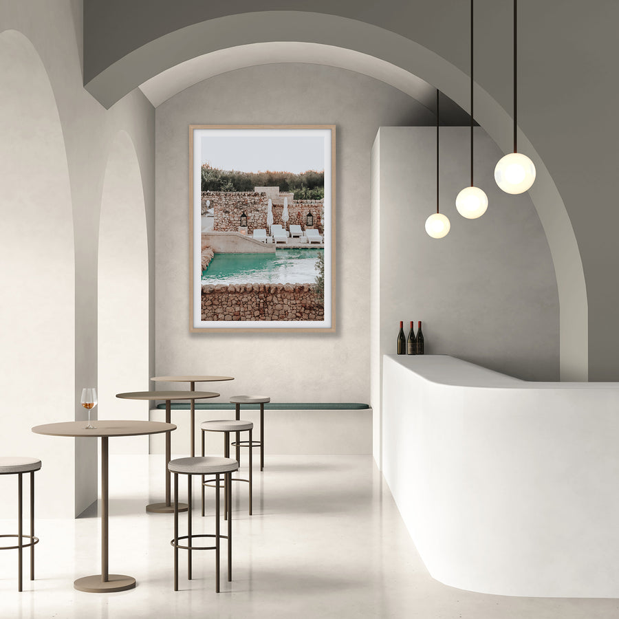 Stone Refuge Puglia wall art natural oak framed print styled in a room