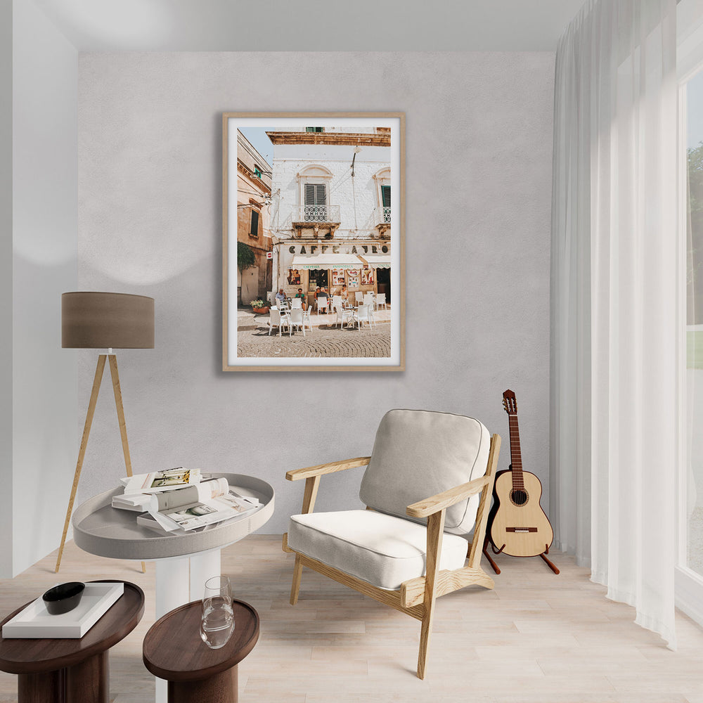 Cafe Ostuni Puglia Café Ostuni Italian wall art natural oak framed print styled in a room