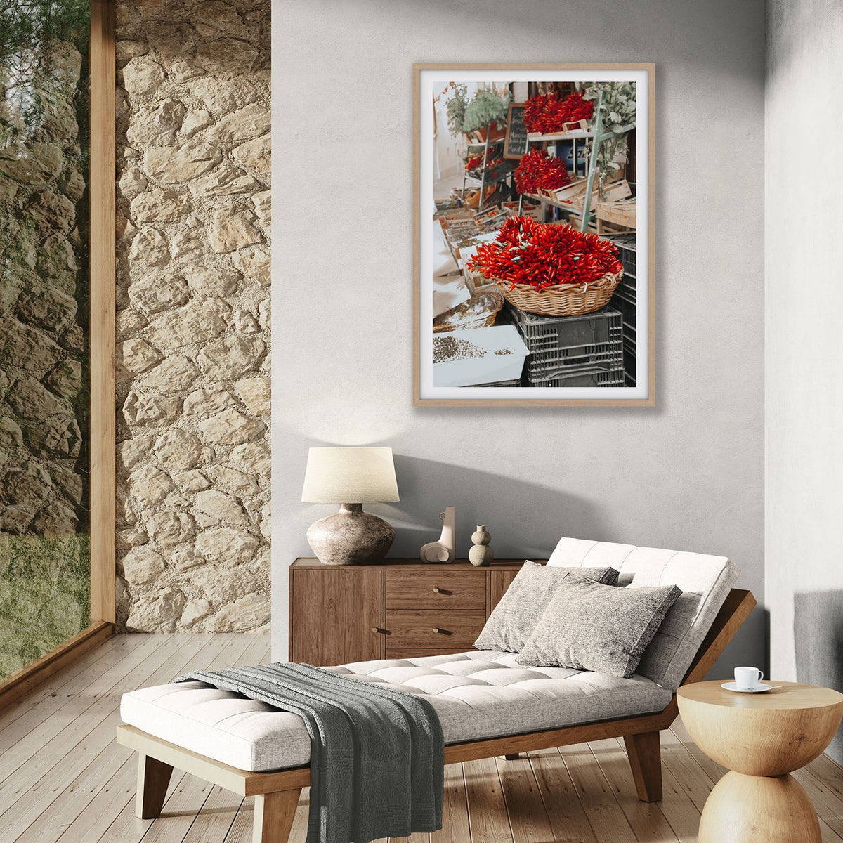 Fiery Cluster Puglia Italian wall art natural oak framed print styled in a room