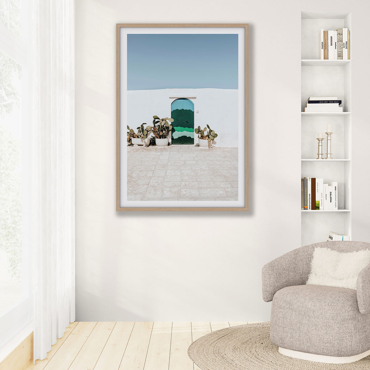 Imaginary Exit Puglia Mediterranean wall art natural oak framed print styled in a room