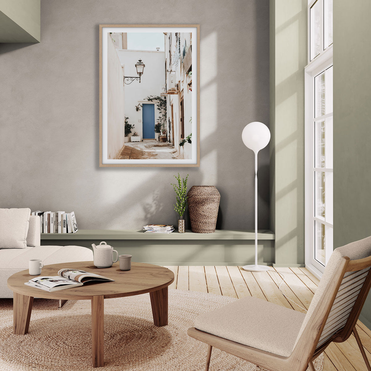 Entry Envy Puglia Ostuni wall art natural oak framed print styled in a room