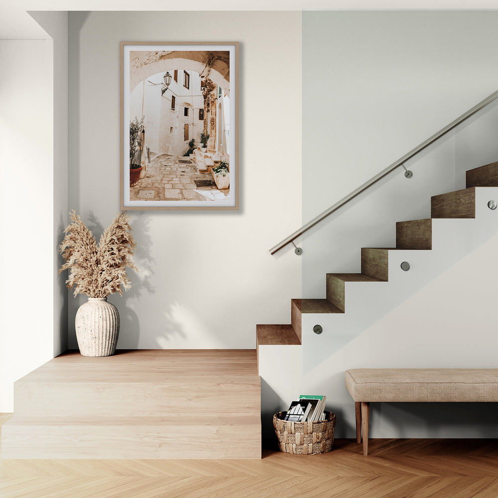 Pathway Wander Puglia Ostuni wall art natural oak framed print styled in a room