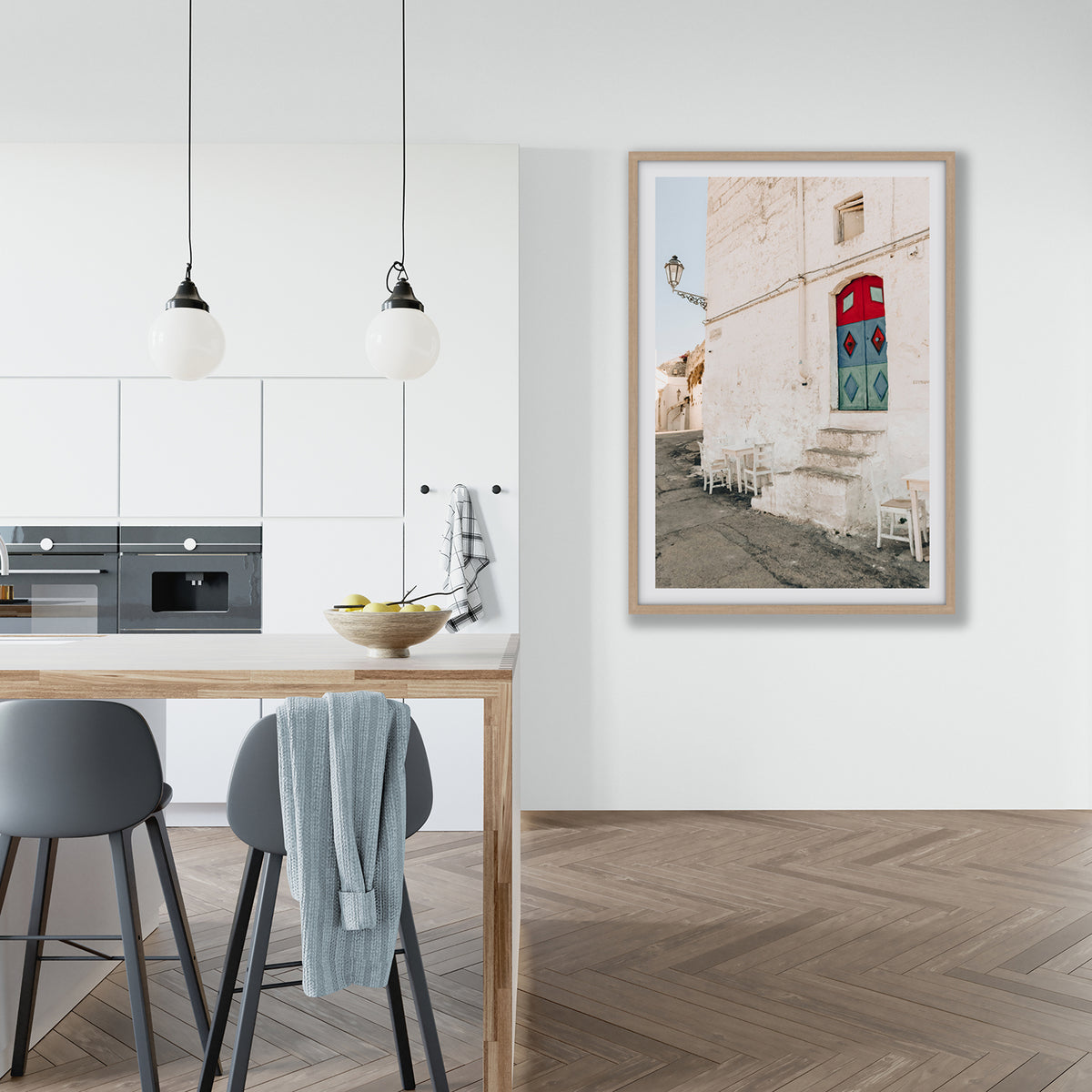 Doorway Delight Puglia Ostuni wall art natural oak framed print styled in a room